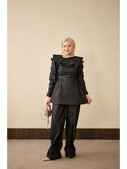 Locco Moda Kadın Yaka Ve Kol Büzgülü Kemer Bağlamalı Jean Takım Siyah