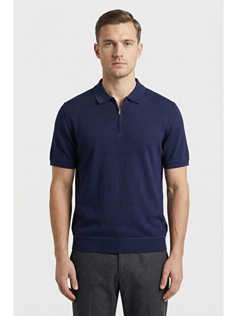 Sabri Özel Giotelli Lacivert Regular Fit %100 Pamuk Fermuarlı Polo Yaka Erkek Tişört - S000525286-21164