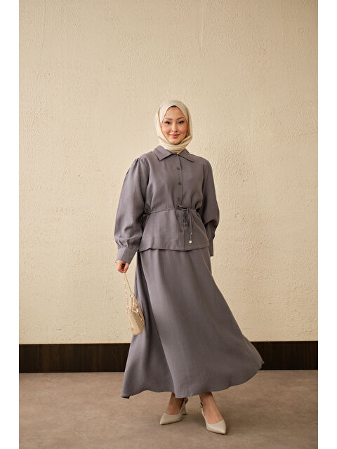 Locco Moda Kadın Bel Bağlamalı Gömlek Takım Gri