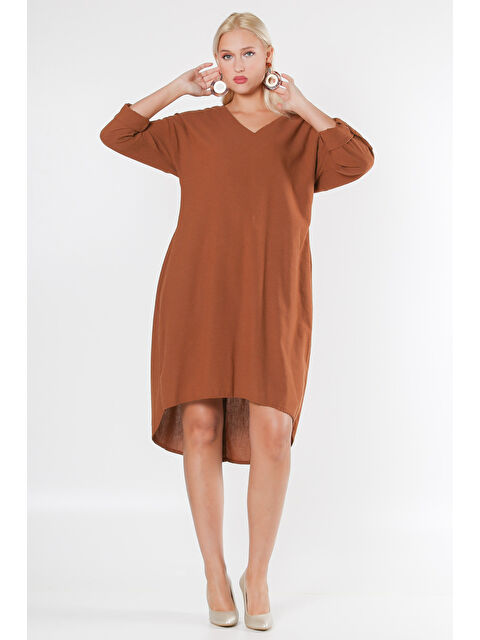 Chiccy Taba V Yaka Uzun Kol Düğmeli Dokuma Elbise