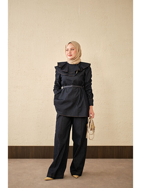 Locco Moda Kadın Yaka Ve Kol Büzgülü Kemer Bağlamalı Jean Takım Lacivert