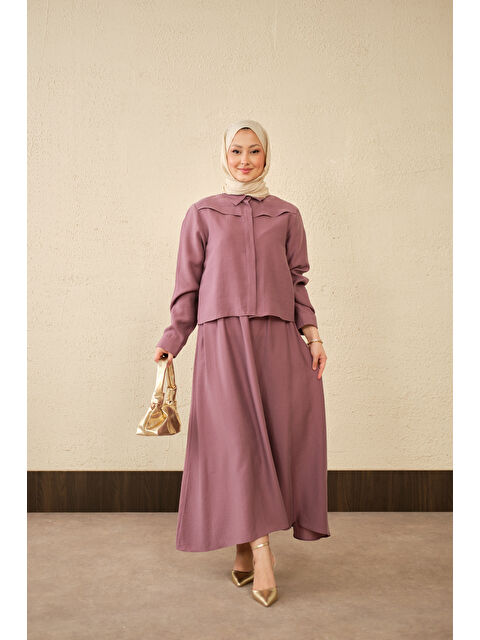 Locco Moda Kadın Ön Gizli Düğme Detay Kısa Gömlek Takım Mürdüm