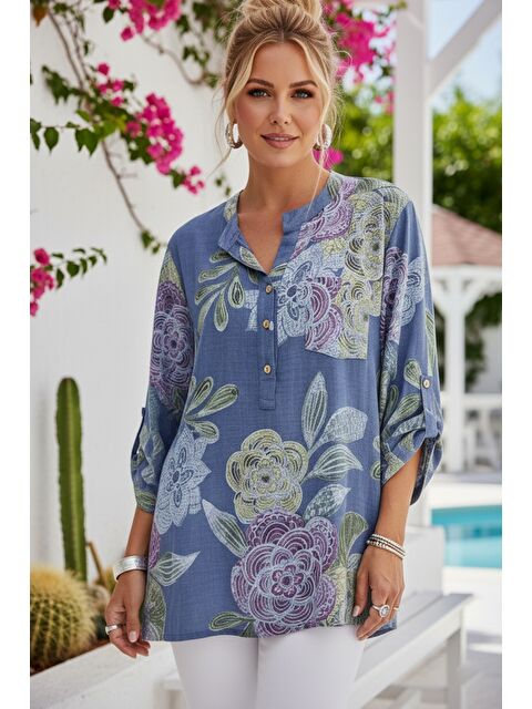 Chiccy İtalyan İndigo Hakim Yaka Düğmeli 3/4 Kol Çiçekli Cepli Casual Keten Görünümlü Dokuma Bluz 75 65 - S000508021-23093