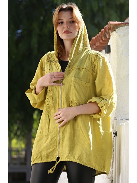 Chiccy İtalyan Hardal Kapüşonlu Düğmeli Uzun Kollu Fermuarlı Cepli File Detaylı Keten Dokuma Ceket 75 65 - S000469106-20074