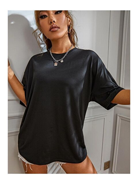 Trendseninle Kadın Siyah Love Never Fails Baskılı Oversize Tişört - S000116550-19351