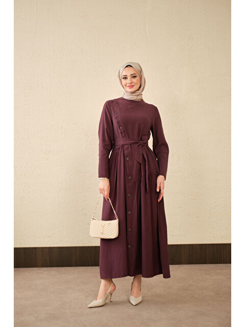 Locco Moda Kadın Düğmeli Etek Büzgülü Bel Bağlamalı Elbise Mürdüm