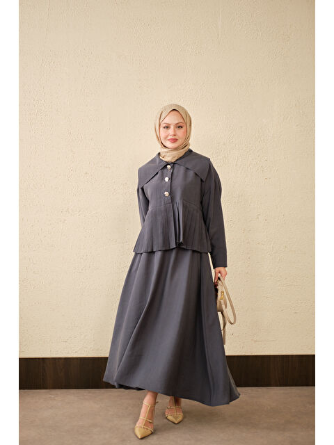 Locco Moda Kadın Gemici Yaka Fırfır Detay Takım Antrasit