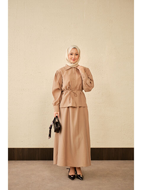 Locco Moda Kadın Bel Bağlamalı Gömlek Takım Vizon