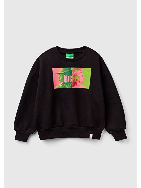 United Colors Of Benetton Kız Çocuk Siyah Etek Ucu Logo Etiketli Önü Baskılı Düşük Omuz Sweatshirt - S000318165-19351