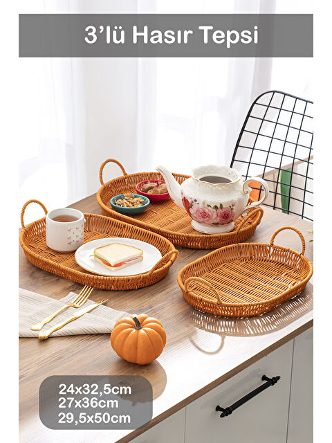 Porsima 708-D Oval 3'lü Dekoratif Ev Mutfak Düzenleyici Kulplu Hasır Sepet Seti Hasır Tepsi - S000349062-19413