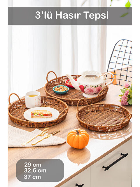 Porsima 710-C Yuvarlak 3'lü Dekoratif Ev Mutfak Düzenleyici Kulplu Hasır Sepet Seti Hasır Tepsi - S000349063-19413