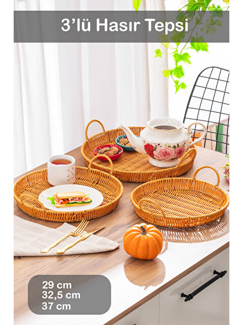 Porsima 710-B Yuvarlak 3'lü Dekoratif Ev Mutfak Düzenleyici Kulplu Hasır Sepet Seti Hasır Tepsi - S000349064-19413