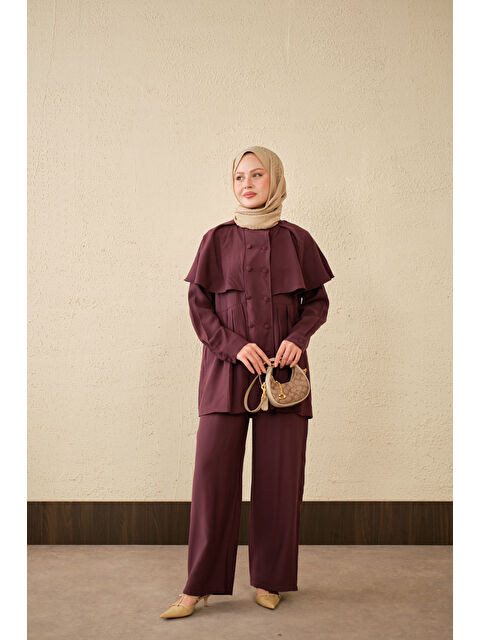 Locco Moda Kadın Yaka Pelerinli Çift Düğme Detay Takım Mürdüm