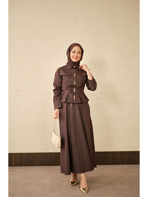 Locco Moda Kadın Çift Cep Görünümlü Dikiş Detay Jean Takım Kahverengi