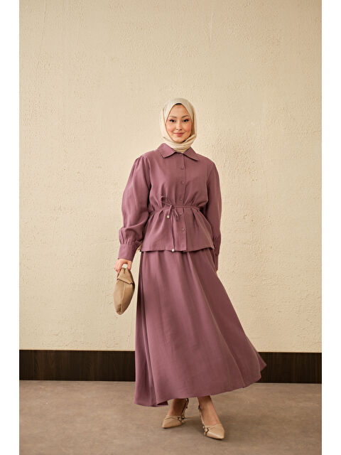 Locco Moda Kadın Bel Bağlamalı Gömlek Takım Mürdüm