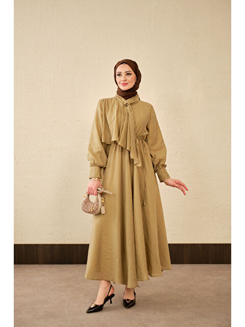 Locco Moda Kadın Tül Detay Şal Yaka Bel Bağlamalı Elbise Yağ Yeşil