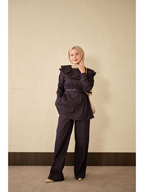 Locco Moda Kadın Yaka Ve Kol Büzgülü Kemer Bağlamalı Jean Takım Mor