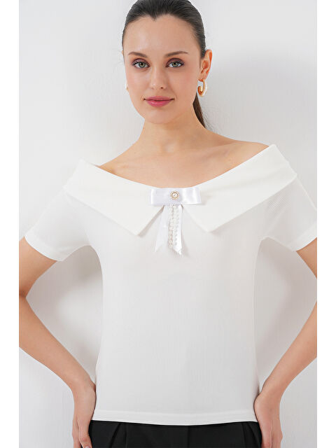 Bigdart Kurdele Detaylı Örme Bluz 949 - Beyaz - S000375323-20063