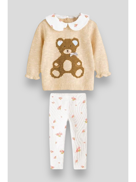 Magu Triko Teddy Desenli Bebe Yaka Kazak Tayt Kız Çocuk Alt-Üst Takım - S000492122-19928