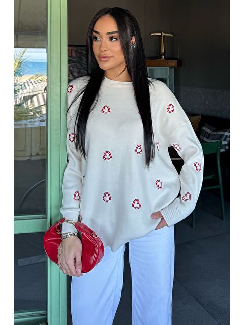 Gülseli Kalp Nakışlı Kadın Triko Kazak - S000448669-19966