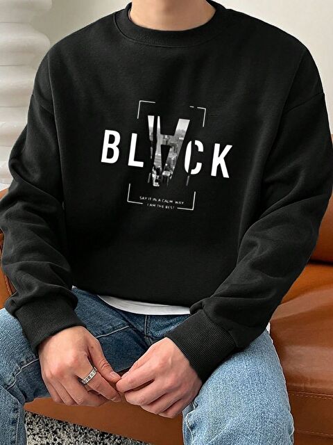 Trendseninle Gece Siyahı Black Baskılı Bisiklet Yaka Sweatshirt - S000482325-14430