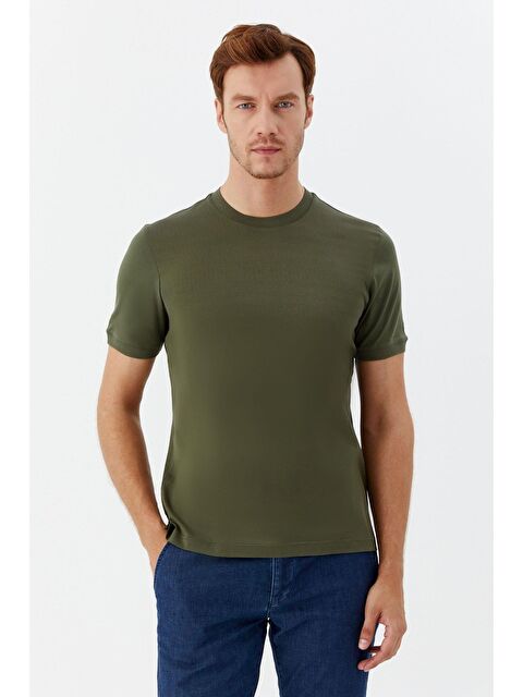 Sabri Özel Desenli Bisiklet Yaka Erkek T-Shirt Haki