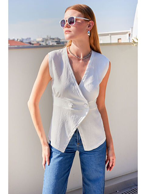 Bigdart 916 Düğme Detaylı Örme Yelek - Beyaz - S000375328-20063