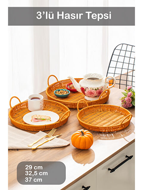 Porsima 710-D Yuvarlak 3'lü Dekoratif Ev Mutfak Düzenleyici Kulplu Hasır Sepet Seti Hasır Tepsi - S000349066-19413