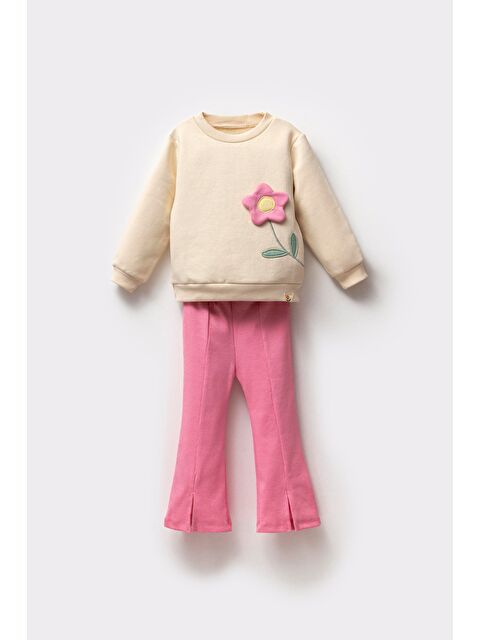 Magu Kız Çocuk Kışlık 3 Iplik Çiçek Aplikeli Pamuklu Sweatshirt Tayt Alt-Üst Takım - S000492136-19965