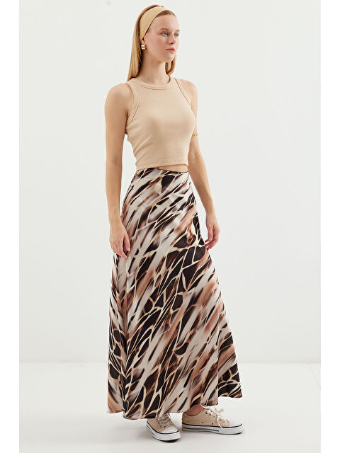 Bigdart Kadın Desenli Saten Etek 15877 - Ekru - S000194284-19965