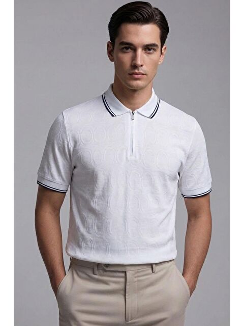 Sabri Özel Giotelli Beyaz Regular Fit %100 Pamuk Merserize Fermuarlı Polo Yaka Erkek Tişört - S000525314-20063