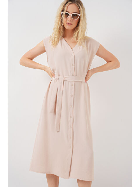 Bigdart Kadın Sıfır Kol Kuşaklı Ayrobin Elbise 2568 - Krem - S000404117-19966