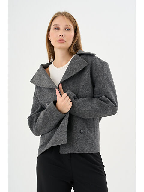 Danger Kadın Oversize  Kruvaze Kaşe Mont Ceket Gri - S000446060-20600