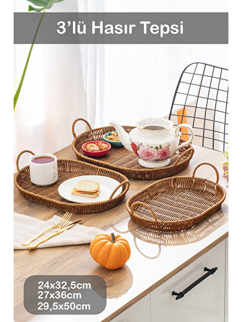 Porsima 708-C Oval 3'lü Dekoratif Ev Mutfak Düzenleyici Kulplu Hasır Sepet Seti Hasır Tepsi - S000349068-19413