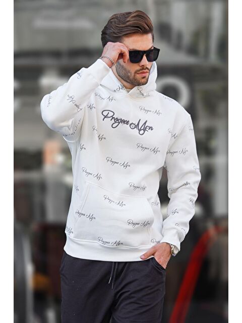 Madmext Ekru  Baskılı Kapüşonlu Cep Detaylı  Erkek Hoodie 7075 - S000250001-19965