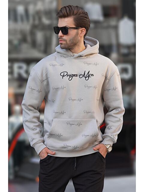 Madmext Boyalı Gri  Baskılı Kapüşonlu Cep Detaylı  Erkek Hoodie 7075 - S000250001-22875