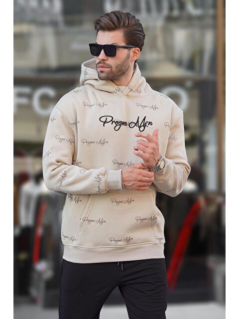 Madmext Bej  Baskılı Kapüşonlu Cep Detaylı  Erkek Hoodie 7075 - S000250001-19928
