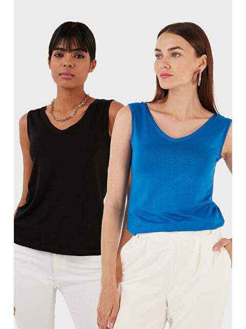 Lela Slim Fit V Yaka Kalın Askılı 2' li Paket Kadın Bluz 5864384S2 - S000386690-37445