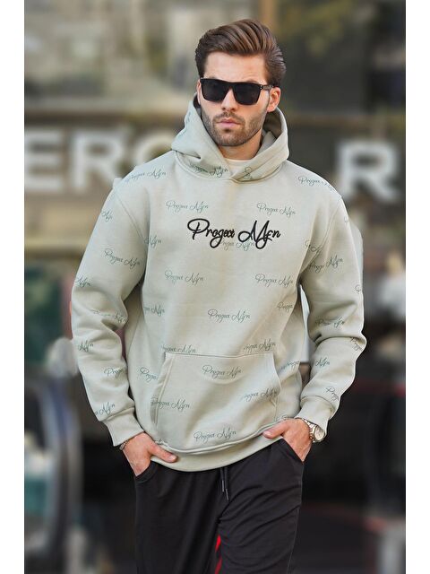 Madmext Çağla Yeşili Baskılı Kapüşonlu Cep Detaylı  Erkek Hoodie 7075 - S000250001-14939