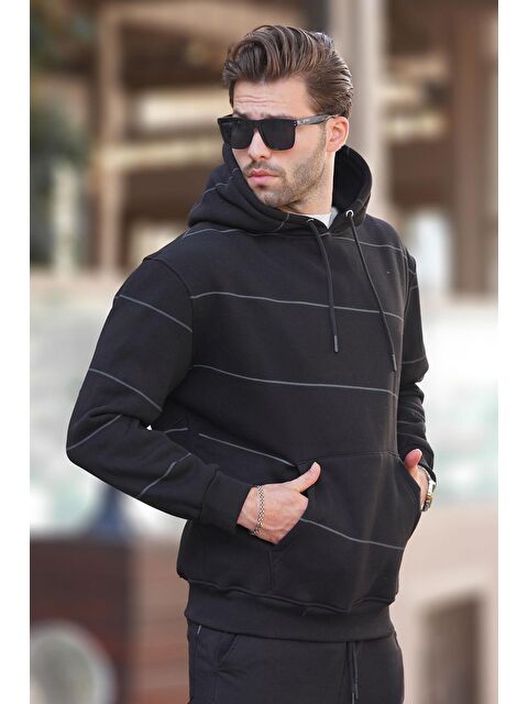 Madmext Siyah Kapüşonlu Cep Detaylı Çizgili  Erkek Hoodie 7063 - S000250002-19351