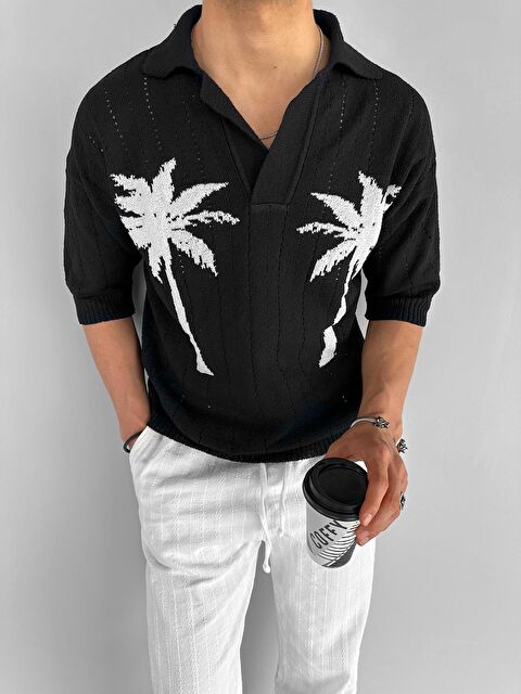 Abluka Online Erkek Oversize Palmiye Desenli Triko %100 Pamuk Tişört Siyah - S000155201-19351