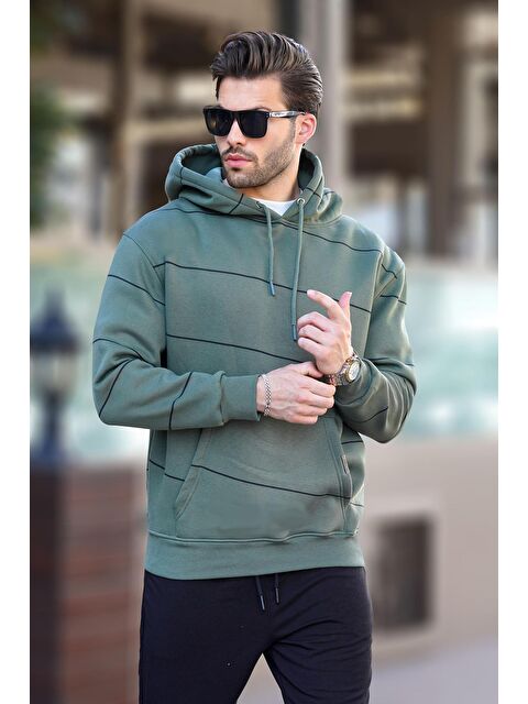 Madmext Haki Kapüşonlu Cep Detaylı Çizgili  Erkek Hoodie 7063 - S000250002-18547