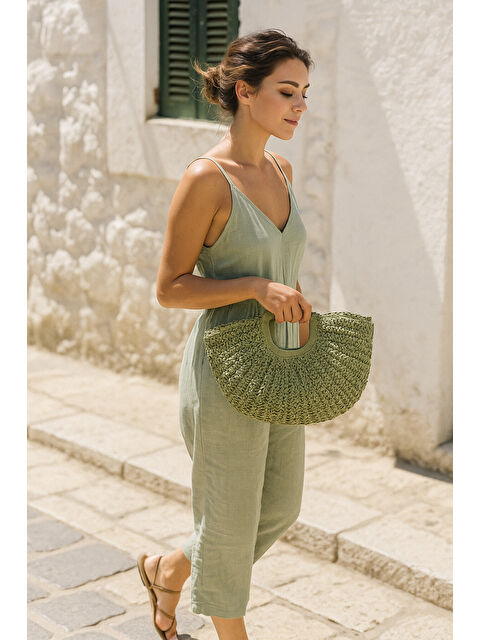 Luminos Butik Yeşil El Örgüsü Hasır Çanta 22x47 Cm CNT1052