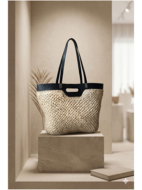 Luminos Butik Deri Üst Parçalı Bej Hasır Çanta CNT1151