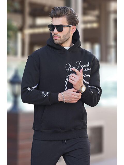 Madmext Siyah Baskılı Kapüşonlu Cep Detaylı  Erkek Hoodie 7067 - S000250003-19351