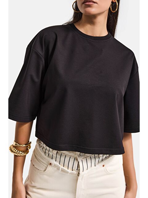 It's Basic Kadın Siyah Renk s6-1 Oversize Bol Kesim T-Shirt