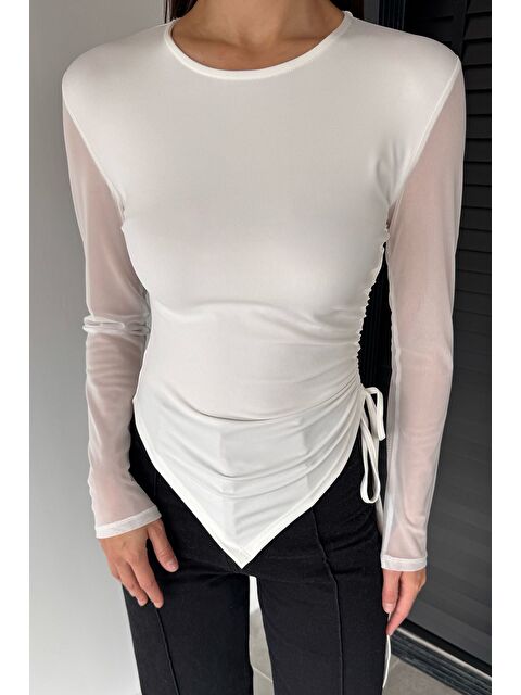 Gülseli Kadın Yan Büzgü Detaylı Kollar Tüllü Elastanlı Bluz - S000469753-19966