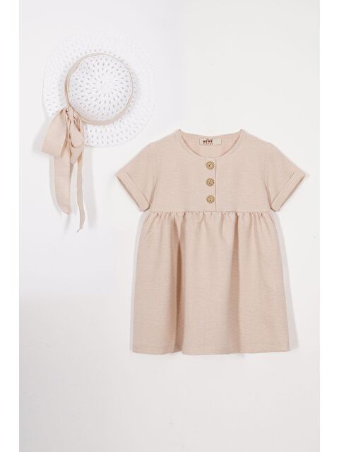 Zepkids Bisiklet Yaka Düğmeli Şapka Aksesuarlı Bej Renk Kız Çocuk Keten Elbise - S000359307-19928