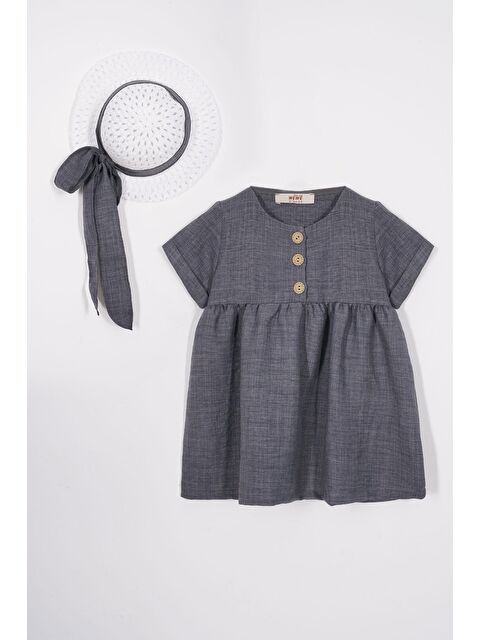 Zepkids Bisiklet Yaka Düğmeli Şapka Aksesuarlı Füme Renk Kız Çocuk Keten Elbise - S000359307-33408