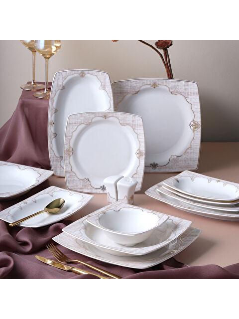 GÜRAL PORSELEN Caroline 54 Parça 12 Kişilik Kare Yemek Takımı 5941 - S000302551-37646